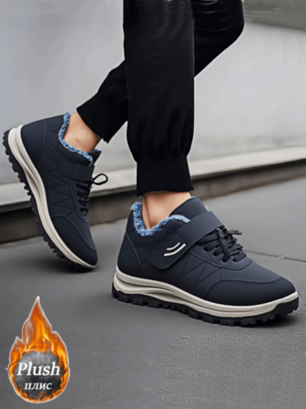 Men's Winter Plush Outdoor Plus Size Casual Shoes, Hook And Loop Comfortable Walking Shoes, Middle-Aged & Elderly Snow Boots Suitable For Outdoor, Sports, Hiking, Snow Activities