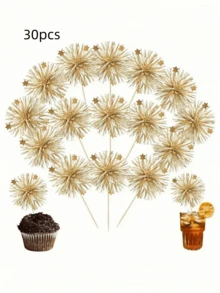 30pcs Gold Glitter Cupcake Toppers With Heart Cutout - Glitter Ribbon Cocktail Picks, Suitable For Birthday - Multicolor - View 8