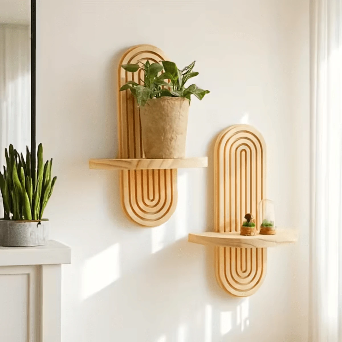 Hanging Wooden Wall Shelf – Modern Design For Plants, Books, And Decoration - Mocha Brown - View 1