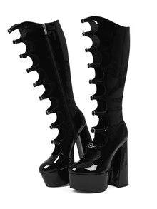 Goth Y2K Platform Knee High Boots For Woman Sexy Hollow Out Buckle Chunky Heels Side Zipper Women's Boots Lolita Dancing Party Shoes - màu đen - Xem 7