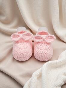 1 Pasang Sepatu Bayi Rajutan Tangan dengan Pita, Kaos Kaki Lantai Dalam Ruangan untuk Balita - Baby Pink - View 4