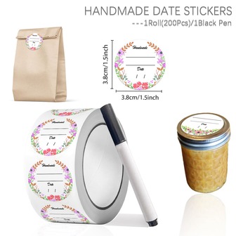 1Roll(200Pcs) Floral Handmade Date Stickers With Black Marker Pen 3.8cm/1.5'' Satety Date Freezer Index Labels Sealing Tag Suitable For Kitchen Seasonal Food Storage Labels, Food Jars, Beverage