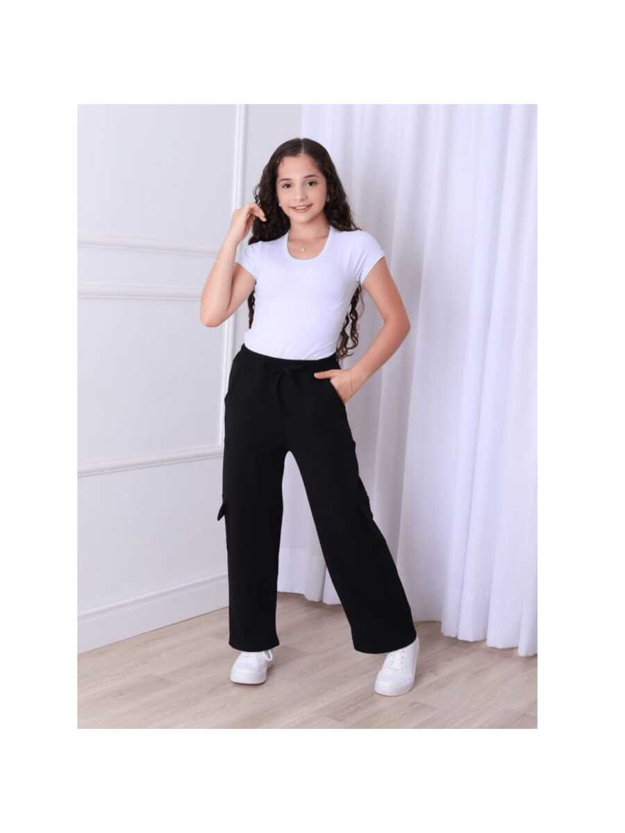 Girls' Plain Cargo Pants, Wide-Leg Style, Duna Brand, For Children. - Black - View 1