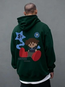 Camvyn 男士字母和卡通印花长袖连帽衫，带口袋和抽绳，秋冬 - 綠色 - 查看 1