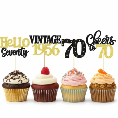 12/24Pcs Glitter 70th Birthday Cupcake Toppers - "Cheers To 70," "Hello Seventy," "Vintage 1956" - Black & Gold Sparkle Cake Decorations, 70 Years Party Supplies Picks (Set Of 4)