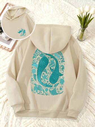 海洋元素印花图案连帽女大码秋装，尽显甜美温柔气质，秋季上衣修身舒适连帽运动装，适合日常休闲穿着，大码秋季女装