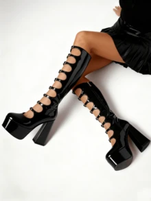 Goth Y2K Platform Knee High Boots For Woman Sexy Hollow Out Buckle Chunky Heels Side Zipper Women's Boots Lolita Dancing Party Shoes - màu đen - Xem 5