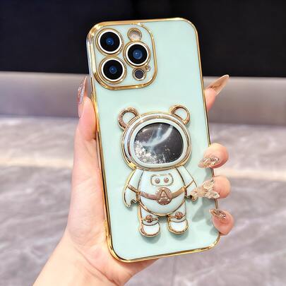 Fashionable Starry Space Astronaut Quicksand Bear Folding Bracket Phone Case, Anti-Shock Electroplated Soft Shell Compatible With IPhone 17/6/7/8/X/XS/XR/11/12/13/14/15/16, Compatible With Galaxy S25 S26 A02s-A07-A17-A26-A71, Compatible With OPPO, Compatible With Infinix, Compatible With Honor, Compatible With Redmi, Compatible With Moto, Reno, Magic,International Version, Not The Domestic Version