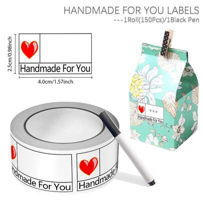1 Rollo (150 Piezas) "Hecho a mano para ti" con etiquetas con nombre de corazón rojo y bolígrafo marcador negro de 0.98*1.57'' Etiquetas de índice y etiquetas de sellado adecuadas para regalos hechos a mano, etiquetas para comida para llevar, frascos de alimentos, bebidas