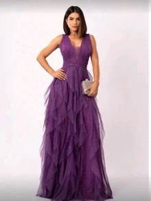 Long Dress For Graduation, Party, Wedding, Guest, Bridesmaid, With Sparkle - Purple - View 1