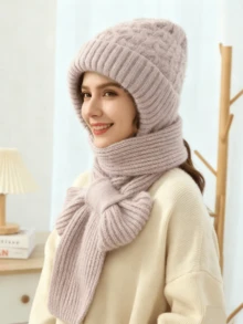1 peça de gorro de malha texturizado de poliéster de cor sólida com protetor de pescoço e orelha, gorro quente 3 em 1, melhor presente para a mãe no inverno, acessórios de inverno, roupas de inverno