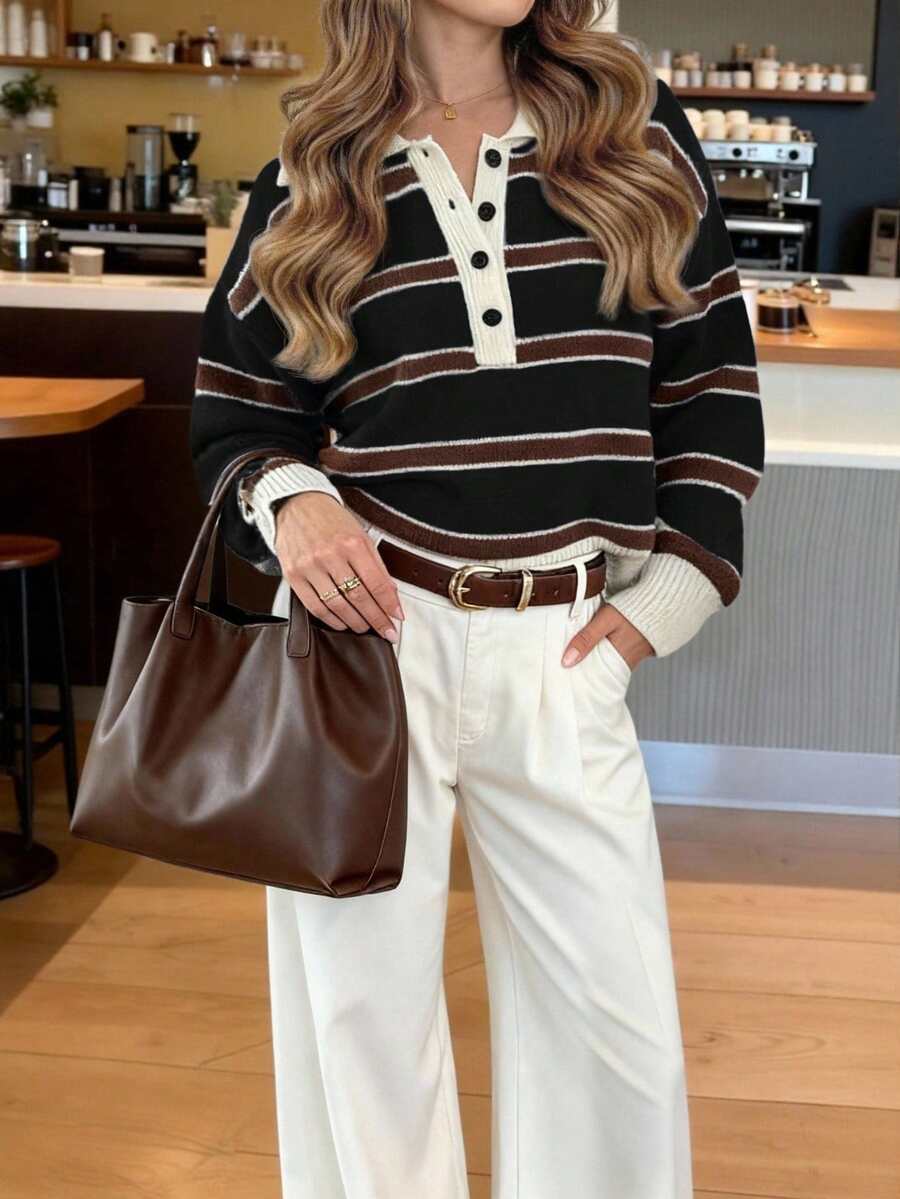 FOR BEAUTY 女士秋冬撞色条纹长袖针织 Polo 衫，时尚、温柔、简约、百搭、休闲舒适，适合日常通勤，舒适百搭，新年上衣黑色 - 黑色 - 查看 1