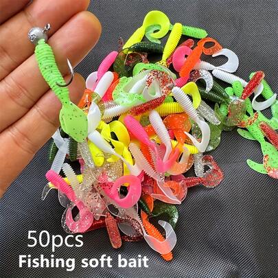 50-Piece Pack Soft Lure Fishing Bait - Spinning Tail, 5.0cm Long, Dynamic Swimming Action, Fishing Bait, Spiral Curly Tail Soft Bait, Suitable For Freshwater/Salt Fishing, Multi-Colored Soft Bait (Mixed Colors) - Vivid Bait Design, Durable Fishing Equipment, Suitable For Anglers And Beginners, Fishing Accessories, Fishing Gear, Biomimetic Softworm Lure Set, Soft Fishing Bait Set, Packaging Is Random (Boxed Or Bagged).