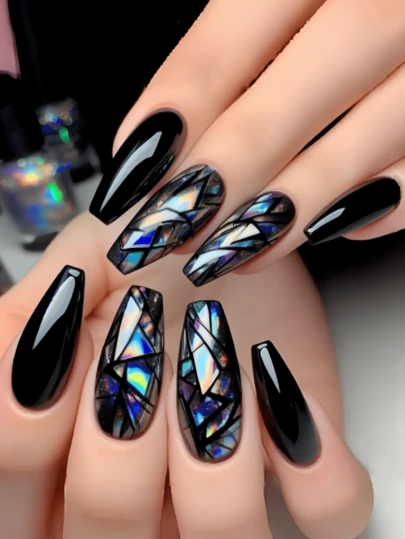 Black Multi-Color Geometric Design Nail Art 24 Pieces Of Nails Fall Press On Nails Y2k Nails Press On Nails Fake Nails Nail Supplies