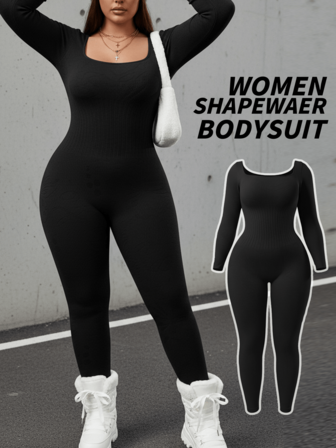 Women's Seamless Plus Size Long Sleeve Shapewear, Yoga & Daily Dual-Use, Minimalist Comfortable Breathable Tummy Control Waist Lifting Bodysuit, High Waist Design Tight Fit