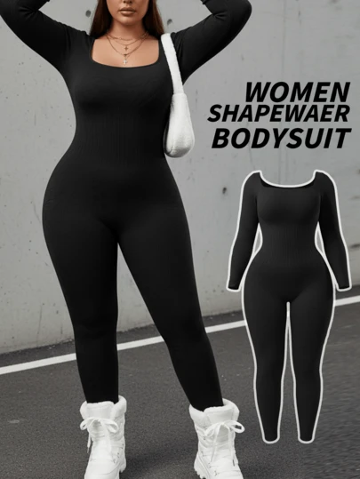 Women's Seamless Plus Size Long Sleeve Shapewear, Yoga & Daily Dual-Use, Minimalist Comfortable Breathable Tummy Control Waist Lifting Bodysuit, High Waist Design Tight Fit