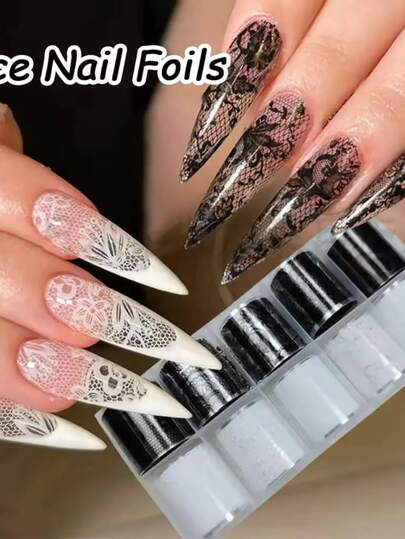 10 Rolls Lace Nail Foil Paper, Black & White Nail Transfer Foil Paper, Floral Nail Foil Paper, Holographic Nail Foil Paper, DIY Acrylic Nail Decoration Stickers, Nail Art Supplies Nails