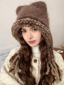 1 Stück süße Bärenohren Warm Plüsch Ohrenschützer, gestrickter Winterhut zum Gesicht klein halten, neuer europäischer und amerikanischer Herbst/Winter Stil Kälteoutfit für Frauen