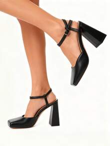 Mule Heel Sandals For Women Ankle Strap Square Toe Heels Elegant Summer Slingback Chunky Heels - Đen A - Xem 3
