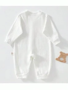 2pcs Baby Jumpsuit, Blue & White Embroidered Bear Pattern, Newborn , Suitable For All Seasons - Blue and White - View 8