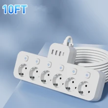 带电涌保护器的多插座电源板，超长延长线，5 英尺/10 英尺/15 英尺多功能电源板，带 6 个 EU AC 插座、3 个 USB 端口和 1 个 Type-C 端口，独立开关设计，可壁挂，适用于家庭、建筑工地、办公室、旅行