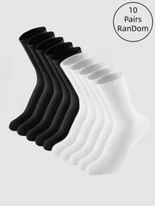 1/10 Pairs Women High Elasticity Waist Sports Socks, Black & White, Versatile Minimalist Mid-Calf Socks - Black and White - View 6