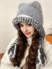 1 Stück süße Bärenohren Warm Plüsch Ohrenschützer, gestrickter Winterhut zum Gesicht klein halten, neuer europäischer und amerikanischer Herbst/Winter Stil Kälteoutfit für Frauen