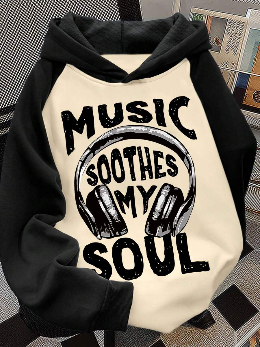 Girls Headphone & Slogan Print Hoodie Sweatshirt, Long Sleeve Pullover Suitable For Girls, Children Autumn/Winter Tops, Crew Neck Sweatshirt, Teenage Style Hoodie For School, Vacation And Shopping
