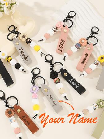 1 buc breloc de Crăciun cu nume personalizat, breloc gravat cu nume de familie, breloc Moș Crăciun, decorațiuni de Crăciun, cadou de Crăciun, cadouri pentru copii. Breloc delicat din piele ecologică cu mărgele și flori