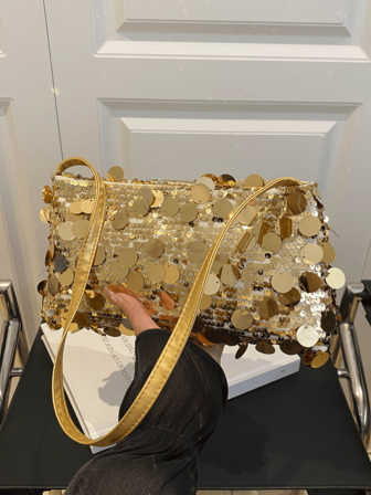 1pc, Joker Fashion , High Value And Niche Design Portable Shoulder Bag, Solid Color Polyester Fabric Sequins Splicing Decoration And Multicolor Optional Square Bag, Suitable For Ladies' Daily Commuting And Shopping Occasions.