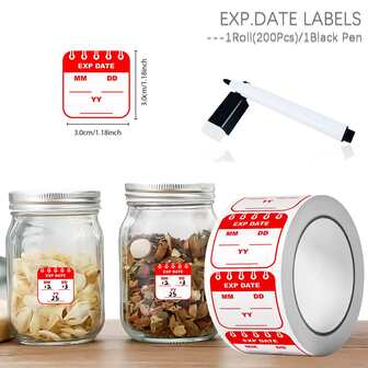 1 rulle (200 st) utgångsdatum för matrotationsklistermärken med svart raderbar penna 1,18*1,18'' mättnadsdatum, frysskafferiindexetikett, förseglingsetikett, perfekt för köksförvaringsbehållare, matburkar, avhämtning