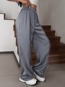 Women's Chalk Pants, Striped Wide Leg, Wide Leg - 灰色 - 查看 3