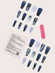 24片装中号棺材形法式蓝渐变大理石纹水钻美甲贴纸，亚克力材质，适合日常佩戴美甲用品 - 彩色 - 查看 2