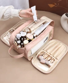 Pink Waterproof PU Leather Multifunctional Makeup Bag Double-Layer Large Capacity Portable Travel Cosmetic Bag Toiletries Storage Bag With Handle For Woman Dividers PU Makeup Bag Brush Storage Bag Men Business Wash Bag Makeup Bags Makeup Organizer Make Up Organizer Makeup Storage Back To School Supplies - Hồng - Xem 2