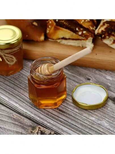 20pcs Honey Pot, Premium Hexagon Mini Glass Jars With Wooden Barrel Gold Lid Bee Pendant Jute Rope Small Container Bottles, Suitable For Jam, Candy, Beehive, Wedding And Party Favors