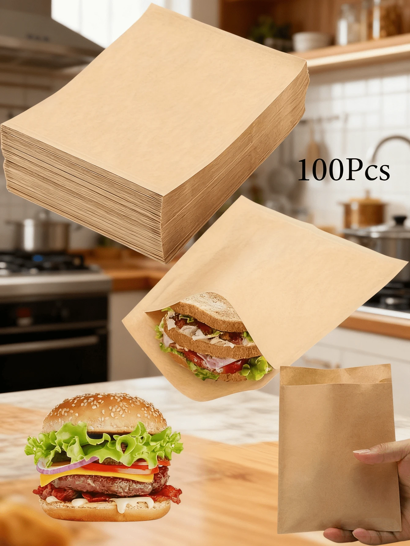 50/100个牛皮纸三明治袋，防油一次性食品袋，适用于汉堡、甜点、炸鸡 | 防漏零食包装，适用于派对、餐饮、餐车 | 婚礼、生日 | 返校季 - 彩色 - 查看 1