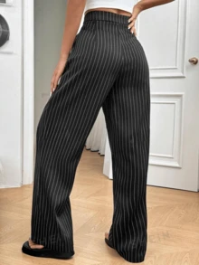 Women's Wide Leg Striped Pantaloon Chalk Pants - Negro - Ver 2