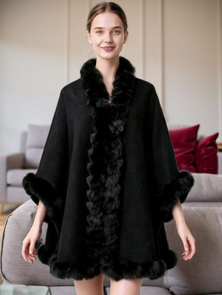 Poncho capa de mujer talla grande con cuello de piel de conejo sintética, chaqueta de punto holgada, estilo europeo y americano para vestir, otoño/invierno