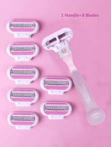 1 Handle + 8 Blades Set, Women's Manual Shaver, Face & Bikini Line Hair Removal Tool, 3-Layer Stainless Steel Blades, Replaceable Blades - Pink - View 1