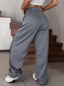 Women's Chalk Pants, Striped Wide Leg, Wide Leg - 灰色 - 查看 2