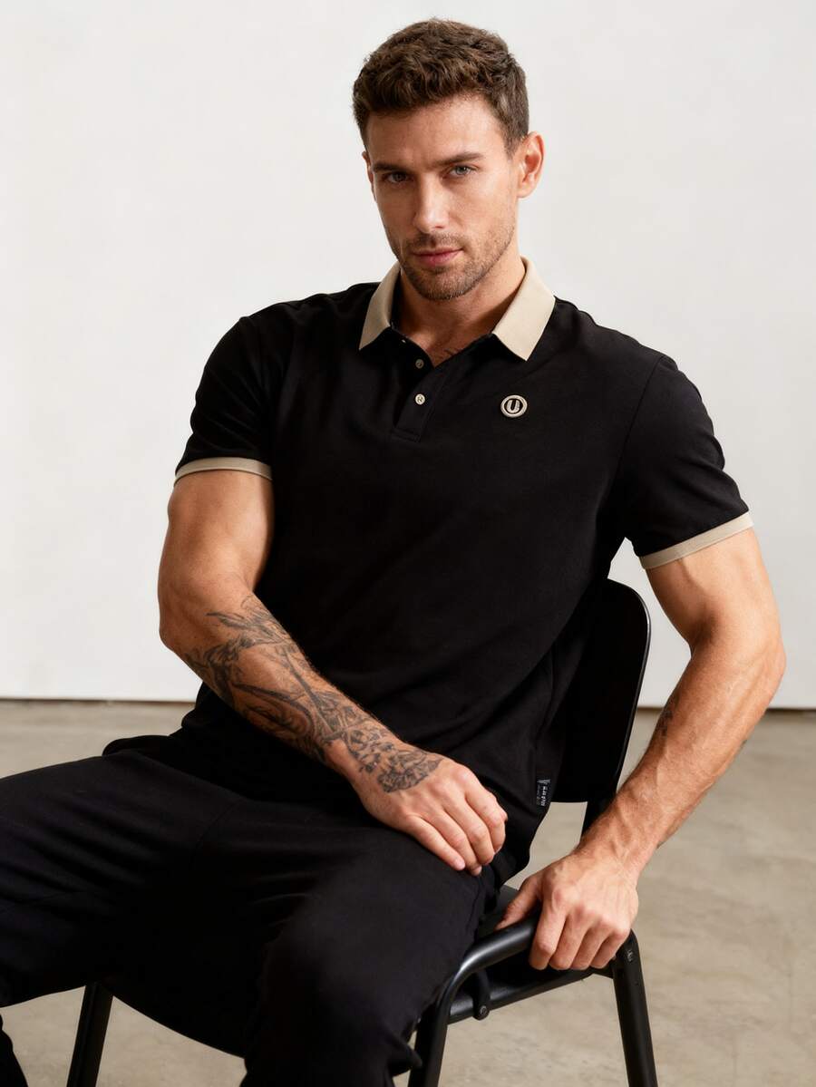 1 PC Men's Polo Shirt, Black With Beige Contrast Collar & Cuffs, Circular Embroidered Logo, Piqué Fabric, US Standard Sizing, Casual Smart Short Sleeve Top For Spring Summer Autumn - màu đen - Xem 1