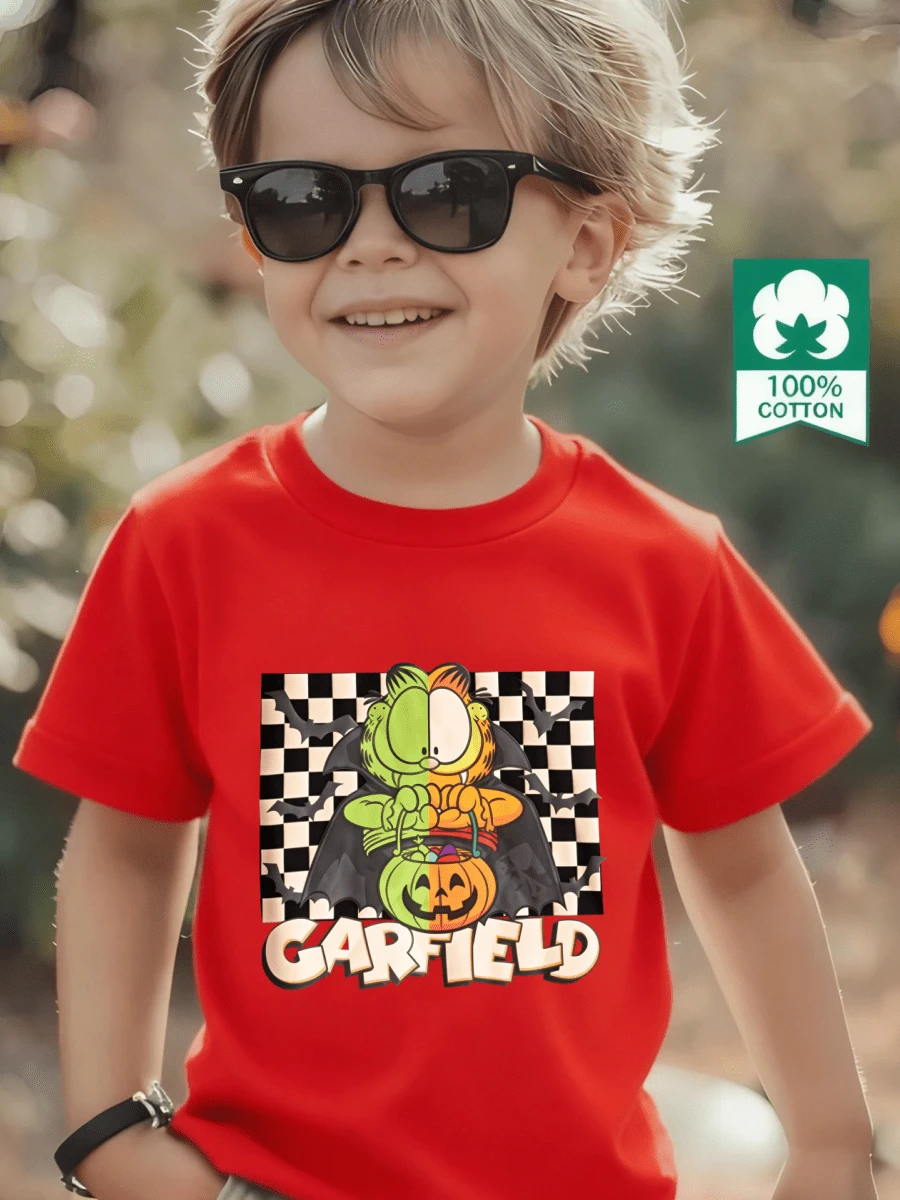 Esta nueva camiseta de manga corta para niñas, 100% algodón, luce modernos estampados de dibujos animados y un corte holgado, informal y versátil. Confeccionada con un tejido suave y delicado con la piel, es suave con la piel sensible de tu hija, permitiéndole libertad de movimiento y comodidad durante reuniones familiares, actividades escolares o juegos al aire libre. - Rojo - Ver 1