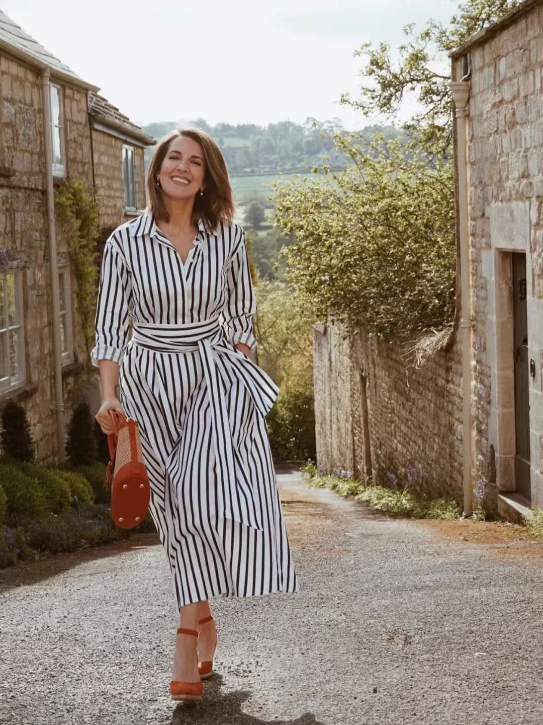 Stylish Long Sleeve Collared Belted Shirt Dress For Women, Casual Elegant Midi Length, Striped Color Block, Casual Elegant, Belted, Button Front, Beach Vacation Spring - Black and White - View 1