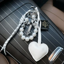 Retro Cross Leather Heart-Shaped Bag With Bead String Keychain, Creative Magic Book, Simple Braided Bag Hanging Ornament Chain - Multicolor - View 10