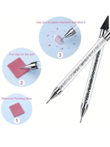 2pcs Rhinestone Picker Dotting Pen, Dual-Ended Rhinestone Gems Crystals Studs Picker Wax Pencil Pen Crystal Beads Handle Manicure Nail Art DIY Decoration Tool (Black White) - Multicolor - View 6