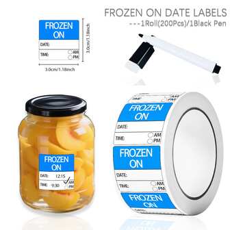 1 rulle (200 st) vintage skrivbara frysta datumorganiseringsetiketter med svart raderbar penna 1,18*1,18'' frysindexetiketter med försegling, perfekt för förvaringsbehållare, matburkar och avhämtning.