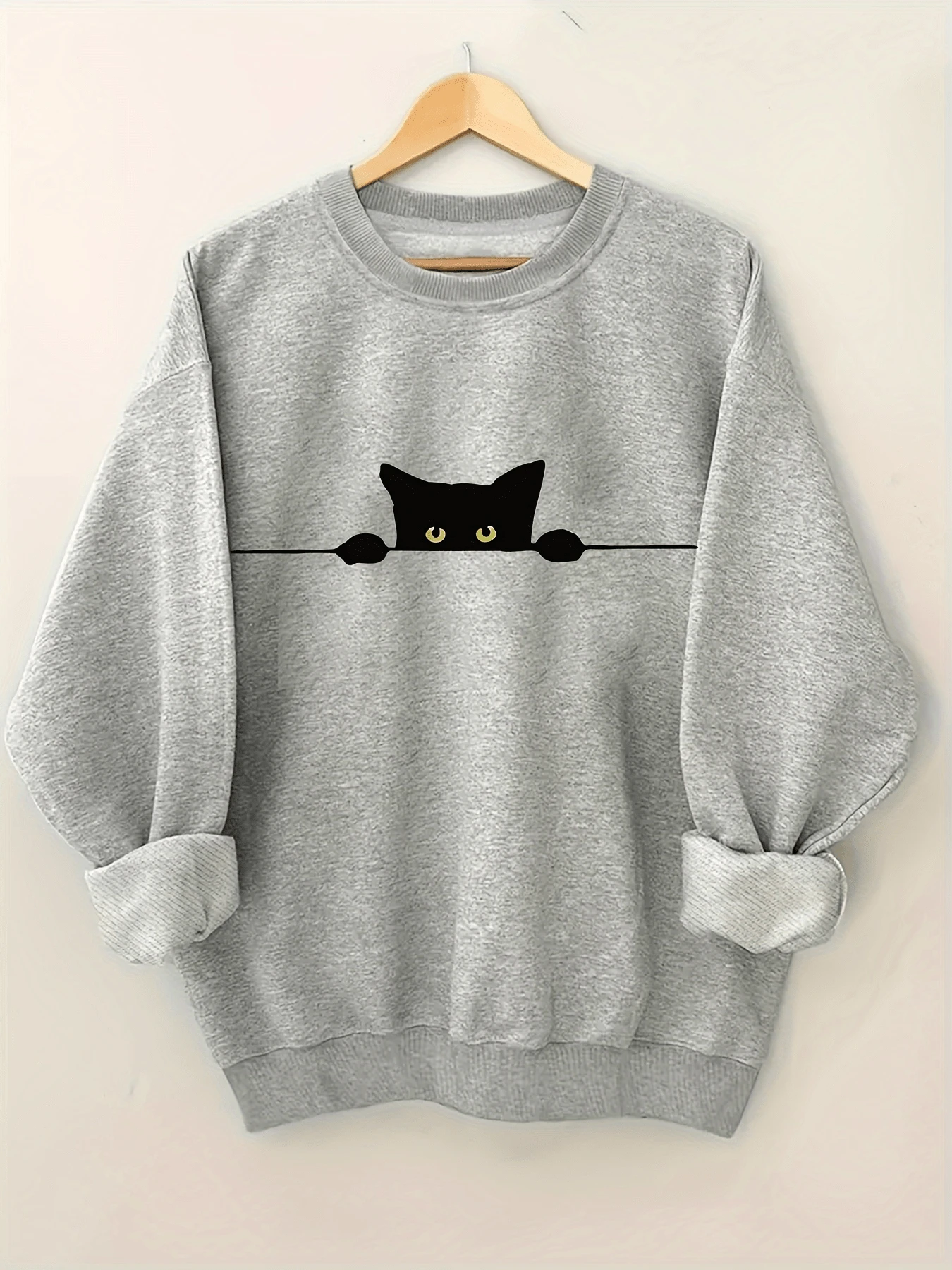 Women's Casual Black Cat Graphic Print Round Neck Sweatshirt - Heather Gray, Ribbed Cuffs, Machine Washable, Autumn Winter Warm Pullover, Cozy Clothing, Relaxed Fit, Durable Construction, Long Sleeve Top, Streetwear Lovers (2) - 淺灰色 - 查看 1