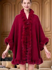Poncho capa de mujer talla grande con cuello de piel de conejo sintética, chaqueta de punto holgada, estilo europeo y americano para vestir, otoño/invierno