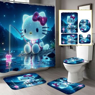  Sanrio Hello Kitty 1/4 duschdraperiset med 12 krokar - Vattentätt duschdraperi, halkfri badrumsmatta, toalettsitsöverdrag och U-formad matta - Maskintvättbart badrumsdekorationsset med tecknad design