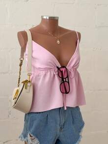 Women's Blouse With Tie Detail, Casual, Loose Fit, Knot Style, Perfect For Beach, Night Out, Vacation, V-Neck - 淺粉色 - 查看 2